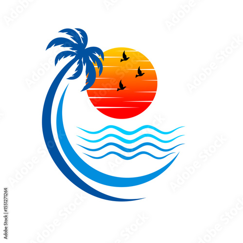 Coastal view with sunset vector illustration logo