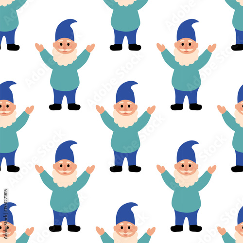 Seamless Pattern. Blue Garden Gnome. Vector flat illustration.