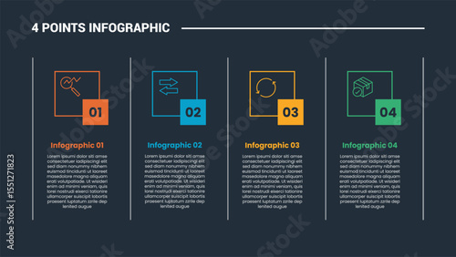 4 stage infographic process diagram with vertical block column with line separator with dark background bright outline style