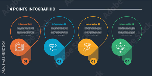 4 stage infographic process diagram with vertical circle block section with shadow with dark background bright outline style