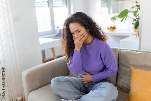 Photography Closeup portrait of Asian unhappy, annoyed, sick woman about to chuck, throw up, puke retch barf