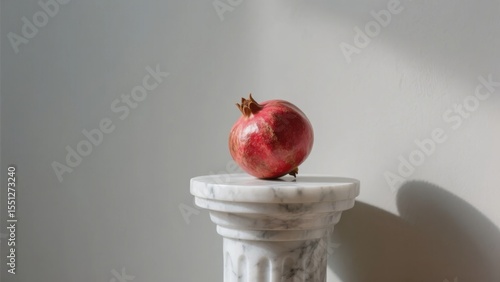 A ripe pomegranate rests atop a marble pedestal against a minimalist background.