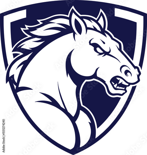 Fierce horse mascot logo, red stallion head, shield emblem illustration, aggressive equine symbol, sports team branding, wild power design, vector animal graphic