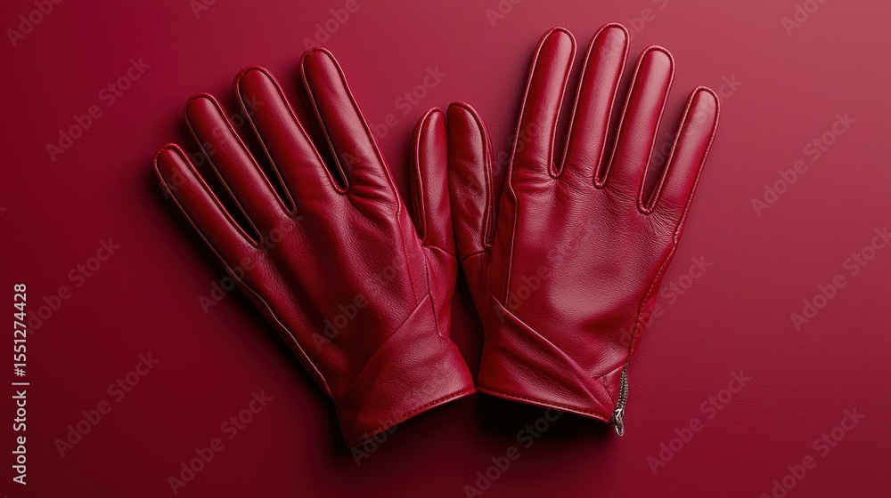Obraz premium Elegant red leather gloves on a smooth burgundy background showcasing luxury and style for cold weather fashion