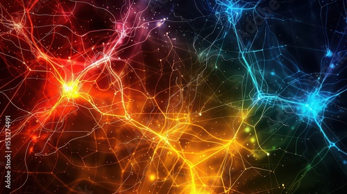 Abstract depiction of neurons with vibrant colors and intricate network connections visible in detail