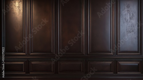 A dark brown wooden wall paneling with rectangular patterns and subtle lighting variations across surface