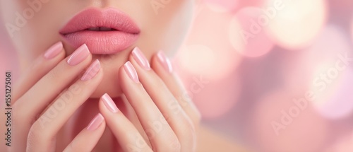 The elegant lips and perfectly manicured nails in soft pink tones.
