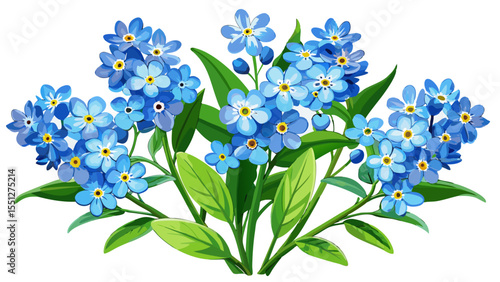 oil painting, several forget-me-nots with green leaves, a white background 