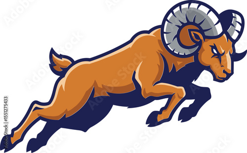 Aggressive ram mascot, leaping mountain animal, curved horn illustration, dynamic vector graphic, fierce character logo, powerful wildlife emblem, bold sports branding design