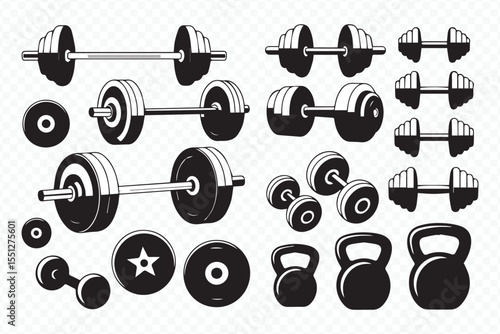 black and white vector icons set of weightlifting tools including gym barbells kettlebells and dumbbells for design hub