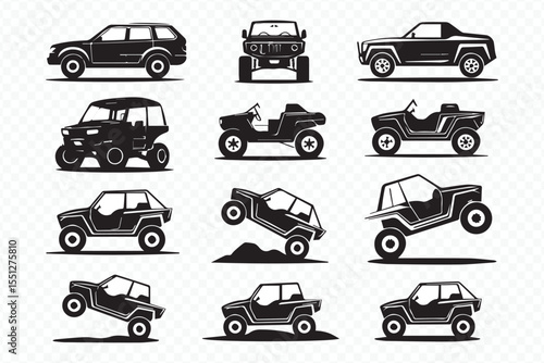 detailed black and white vector illustrations of rugged 4x4 trucks and suvs showcasing rugged details for marketing use