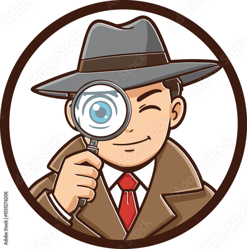 Cartoon detective character, mystery investigator icon, trench coat and fedora, magnifying glass illustration, classic crime solver, private eye vector, noir-themed mascot graphic