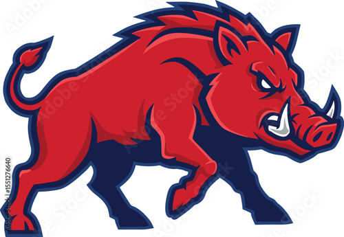 Aggressive wild boar mascot logo, modern animal illustration, red and blue warthog emblem, sports team identity, fierce beast artwork