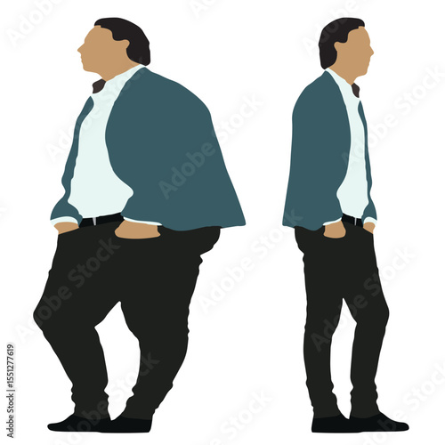 Conceptual fat overweight obese man vs slim fit healthy body after weight loss or diet, white background. A  fitness, nutrition or obesity, health care shape illustration vector as silhouettes