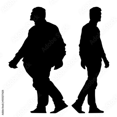 Conceptual fat overweight obese man vs slim fit healthy body after weight loss or diet, white background. A  fitness, nutrition or obesity, health care shape illustration vector as silhouettes