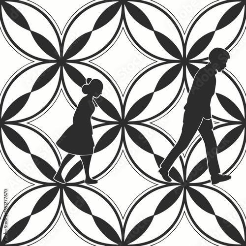 Silhouettes of man and woman walking away from each other over seamless black and white geometric floral pattern
