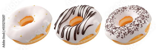 Donuts with white chocolate glaze, sprinkles, white drizzle, and dots isolated on white transparent background. 3d rendering and illustration of dessert variety