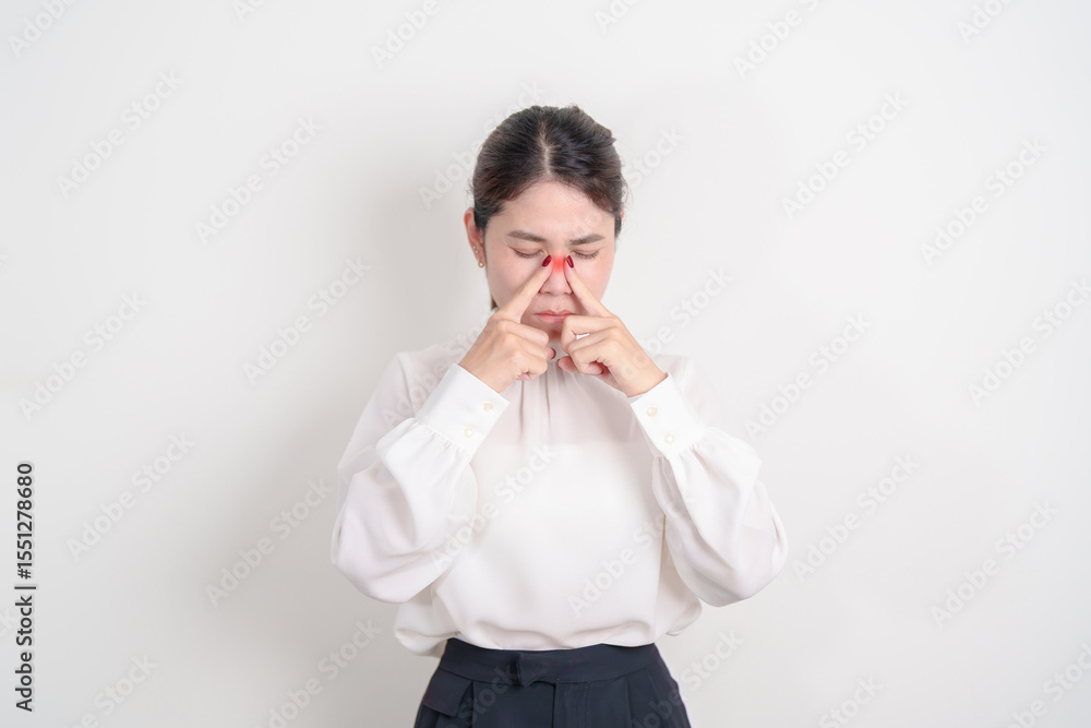 Business Woman having Nose pain for concepts of Nose disease, Common Cold, Influenza, Flu, Covid 19, Respiratory Infection, Sinusitis, Allergic Rhinitis, Asthma, Allergy, Dry nose Anosmia and Health Business Woman having Nose pain for concepts of Nose disease, Common Cold, Influenza, Flu, Covid 19, Respiratory Infection, Sinusitis, Allergic Rhinitis, Asthma, Allergy, Dry nose Anosmia and Health