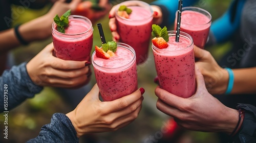 Friends Toasting with Refreshing Strawberry Smoothies Outdoors