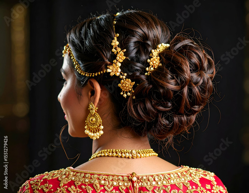 Traditional Bridal Bun Hairstyle with Gold Hair Accessories