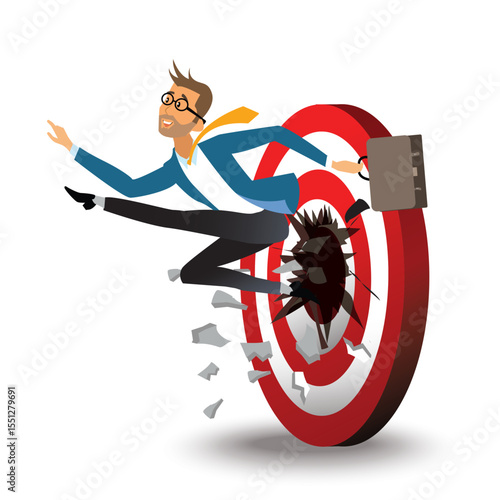 Super Businessman running and archery target breaking successful. Business superhero running businessman break through  target . vector, illustration