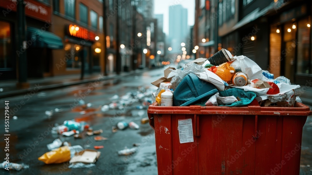 Obraz premium A striking depiction of a trash-filled urban street, conveying themes of environmental neglect and societal issues while urging reflection on waste management and urban life.