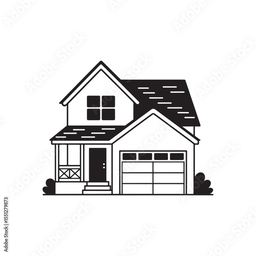Monochromatic House Illustration Two Story Home with Porch and Garage Classic American Architecture Style Isolated on White Background