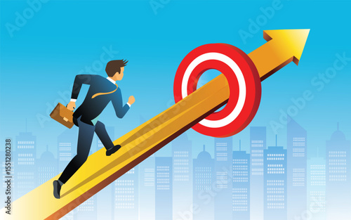 Businessman running and archery target breaking successful . Business superhero running on arrows to goals .  vector, illustration