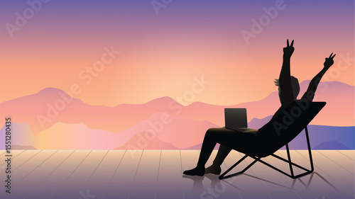 Silhuette of Businessman sit on deck chair working with laptop computer on sunset on beautiful landscape. Stock market trader sells and buys stocks and equities. Business concept. Flat vector 
