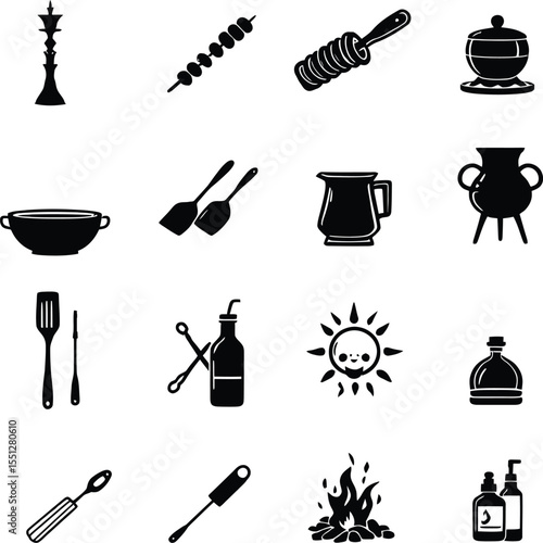 Kitchen & Cookware Silhouette Icon Set Featuring Sixteen Black-and-White Minimalist Designs Arranged in a 4x4 Grid—Including Cooking Tools Like Pepper Grinder, Skewers, Pancakes with Spatula,