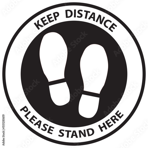 Footprint floor sticker, foot steps in circle, keep distance waiting in line, stand here sign, queue order safety, social distance, vector icon