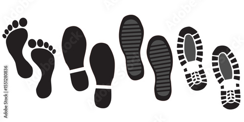 Foot print vector illustration set with shoes bare feet and boot print
