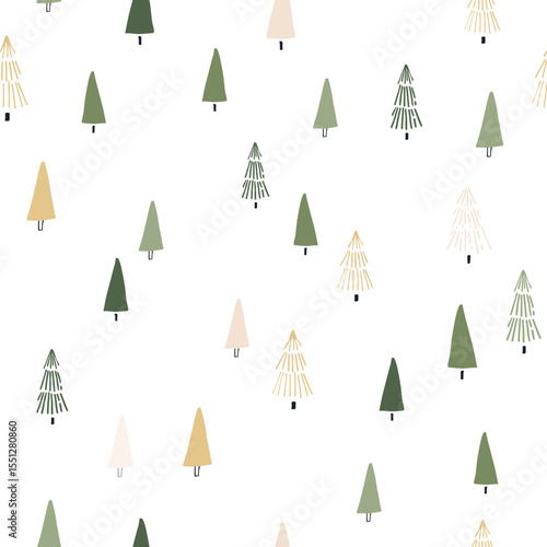 Minimal Seamless Holiday Pattern with Stylized Christmas Trees on White Background