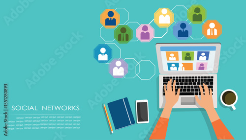 Female hands meeting people on the laptop keyboard and using social networks for communication. Top view of people working with computer at the work desk.tecnology concept. vector, illustration