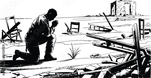 Devastation and Prayer Silhouette Scene Featuring a Lone Figure Kneeling Amid Wreckage—The Person’s Hands Clasped in Supplication While Seated on Rubble-Strewn Ground, Framed by Debris Including Broke
