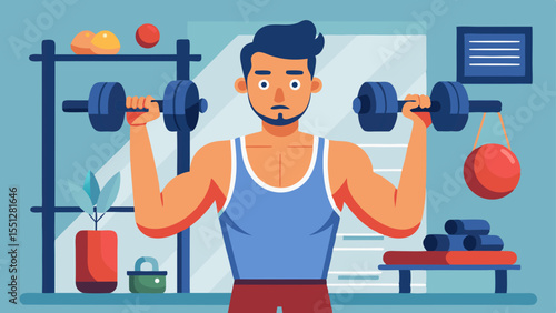Athletic man lifting weights during a workout in a home gym setting, perfect for fitness-related designs and promoting healthy lifestyles.