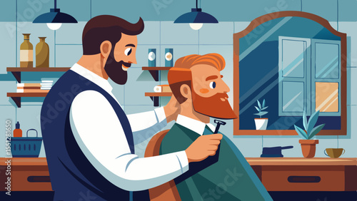 A professional barber trims a client's beard with a razor in a vintage style barbershop, showcasing grooming and service.