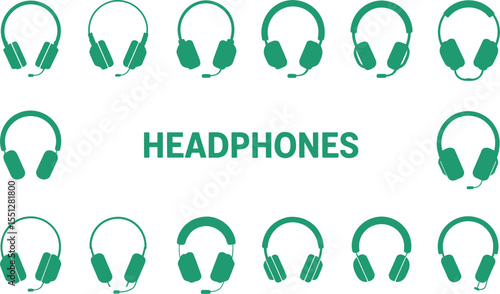 Headphone Icon Collection Featuring Fourteen Green Silhouettes Surrounding a Central “HEADPHONES” Text Element—Each Design Showcasing Unique Audio Gear Styles Including Over-Ear, On-Ear, Wired, 