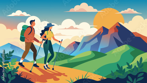 Couple hiking through a picturesque mountain landscape under a vibrant sunset, ideal for travel and outdoor adventure themed designs.