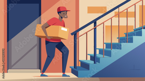 Delivery man climbing stairs with package shows last mile service with urban background elements for logistical company or icon.