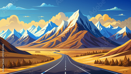Scenic road leading toward the majestic snow-covered Himalaya Mountains, winding through rugged terrain and vast open landscapes. Surrounded by towering peaks under a clear blue sky