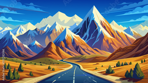 Scenic road leading toward the majestic snow-covered Himalaya Mountains, winding through rugged terrain and vast open landscapes. Surrounded by towering peaks under a clear blue sky