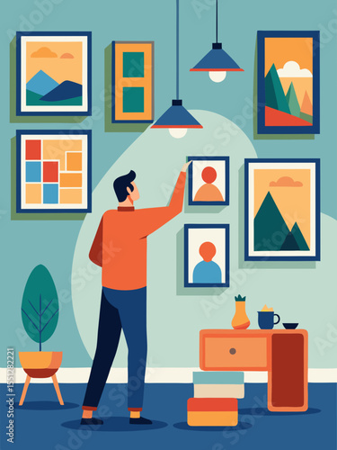 A decorative arrangement featuring a man adjusting a picture frame on a gallery wall inside a cozy, stylish living room setting.