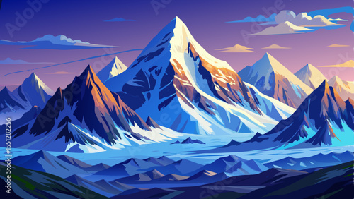 Stunning scenic view of the majestic Himalayas, fully covered in snow and ice. Towering peaks rise into the crisp blue sky, creating a dramatic and breathtaking winter mountain landscape