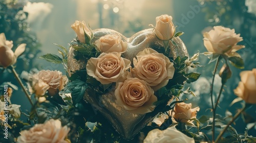 Roses surround a heart-shaped object, soft lighting effect