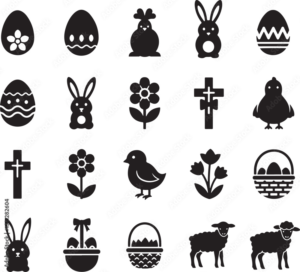 Obraz premium Black and White Easter Icons Set featuring Rabbits Chickens Eggs Flowers Crosses Lambs and Baskets