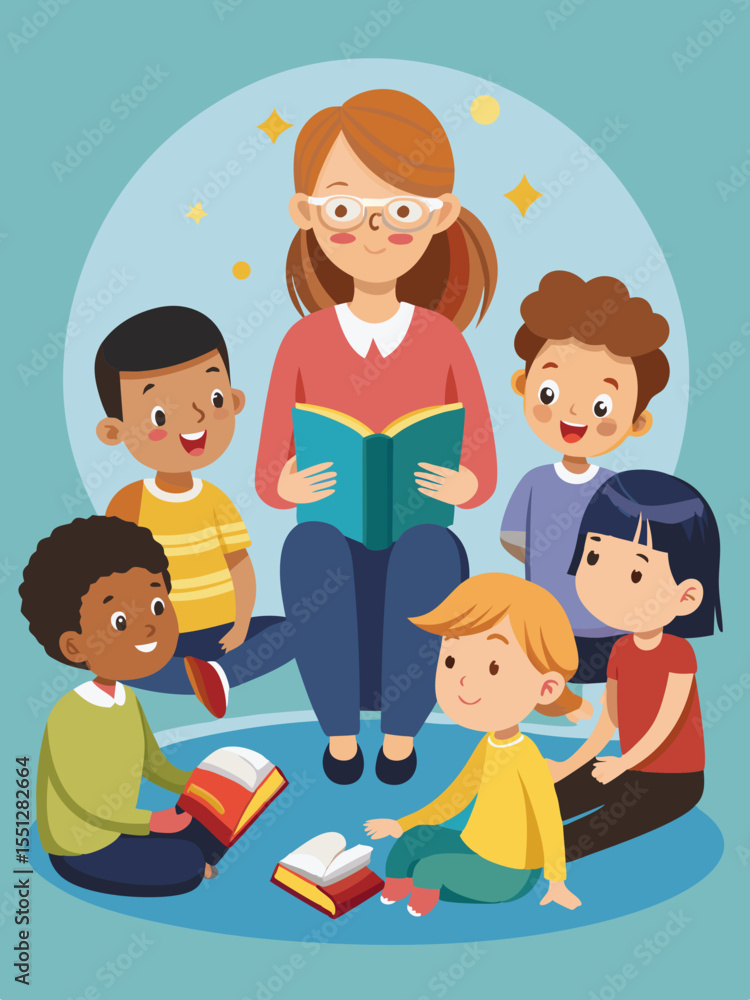 Lively children enjoy a story read by their teacher, seated in a circle, in a cheerful and inviting classroom environment. Lively children enjoy a story read by their teacher, seated in a circle, in a cheerful and inviting classroom environment.
