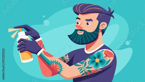 Tattoo artist graphic presents a man with artistic tattoos, spraying a cleaning or sanitizing solution, promoting hygiene and health.