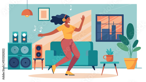 A cheerful woman with headphones dances in her living room, enjoying music and carefree moments in her cozy apartment.