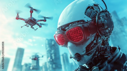 A robotic figure with glowing red glasses stands in a futuristic cityscape, complemented by a hovering drone, representing advanced technology and artificial intelligence.